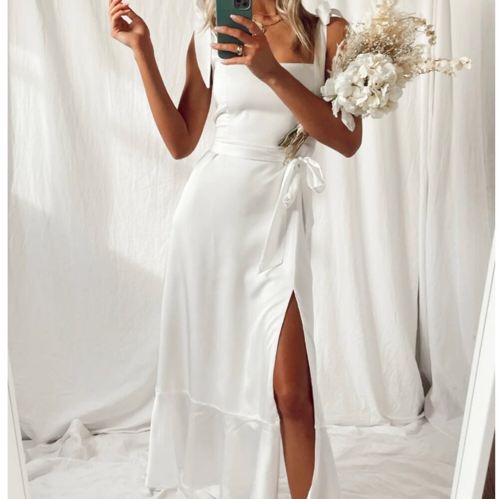 Show Me Your Mumu Garden Midi Dress in Ivory Luxe Satin